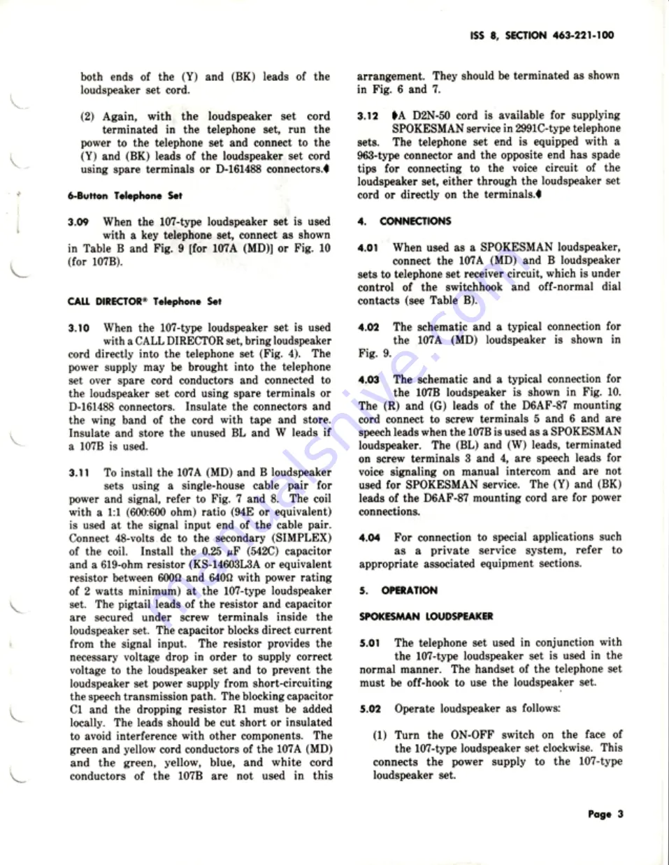 Bell System Practices SPOKESMAN 107 Series Manual Download Page 3