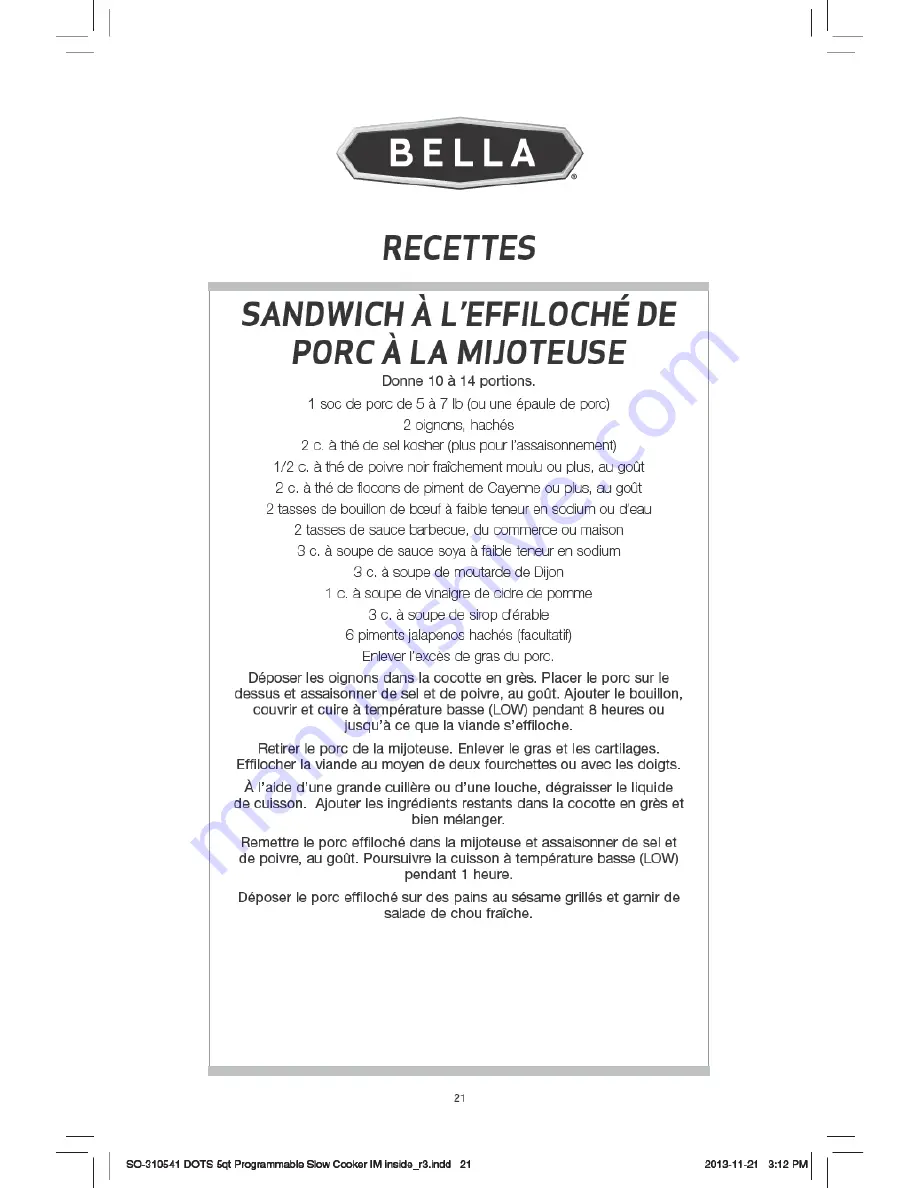 Bella 5Qt. Programmable Slow Cooker Instruction Manual Download Page 22