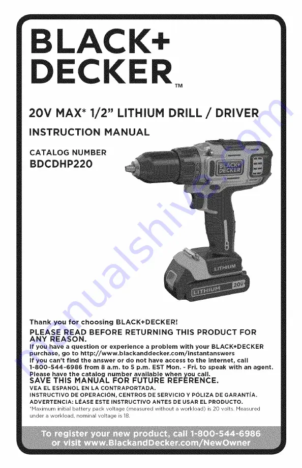 Black & Decker BDCDHP220 Instruction Manual Download Page 1