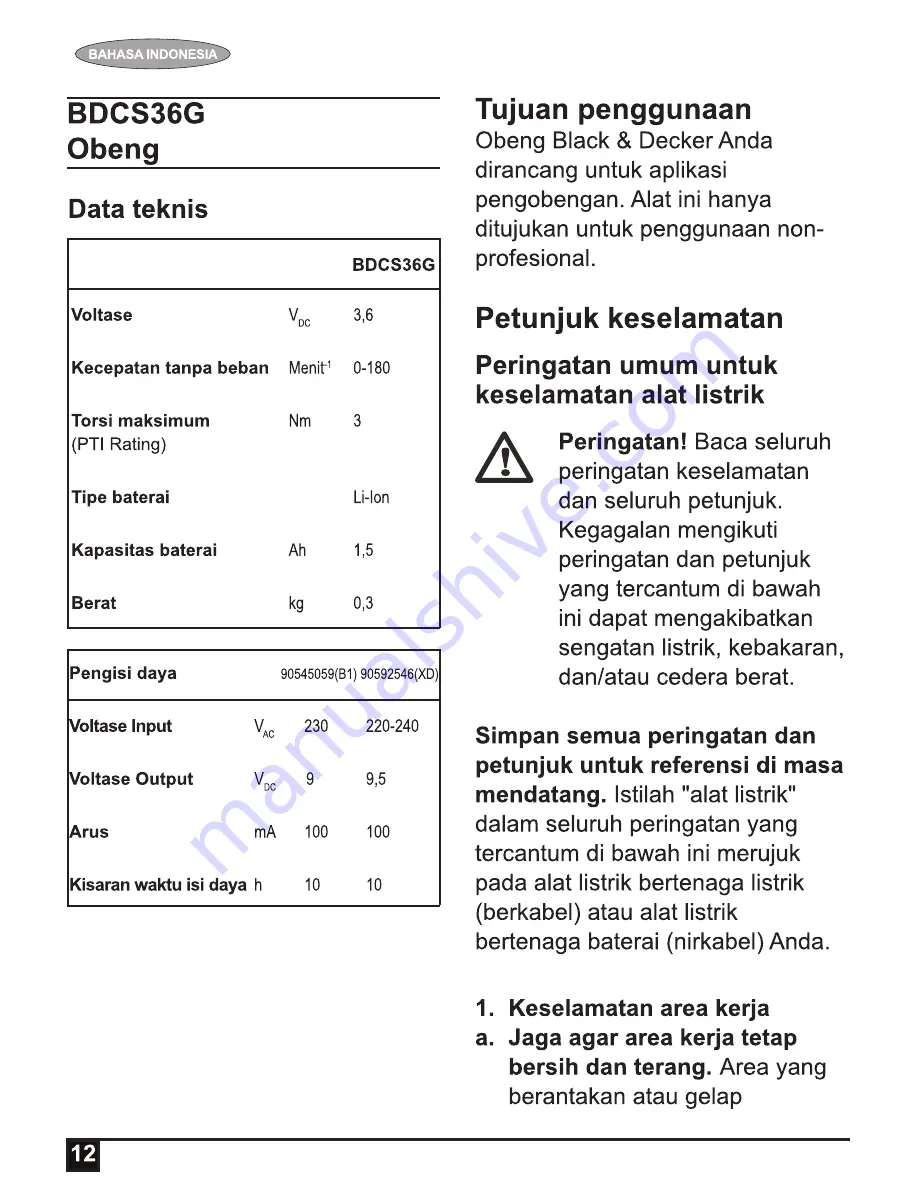 Black & Decker BDCS36G User Manual Download Page 12