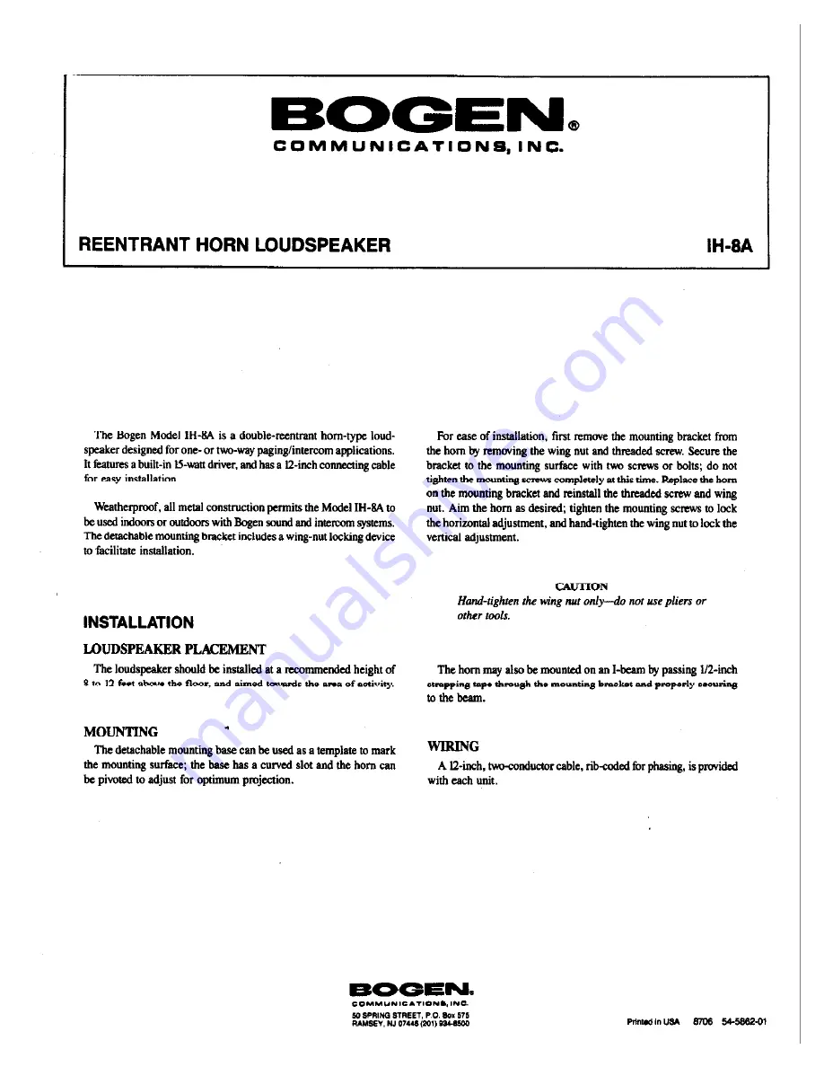 Bogen IH-8A Install Manual Download Page 1