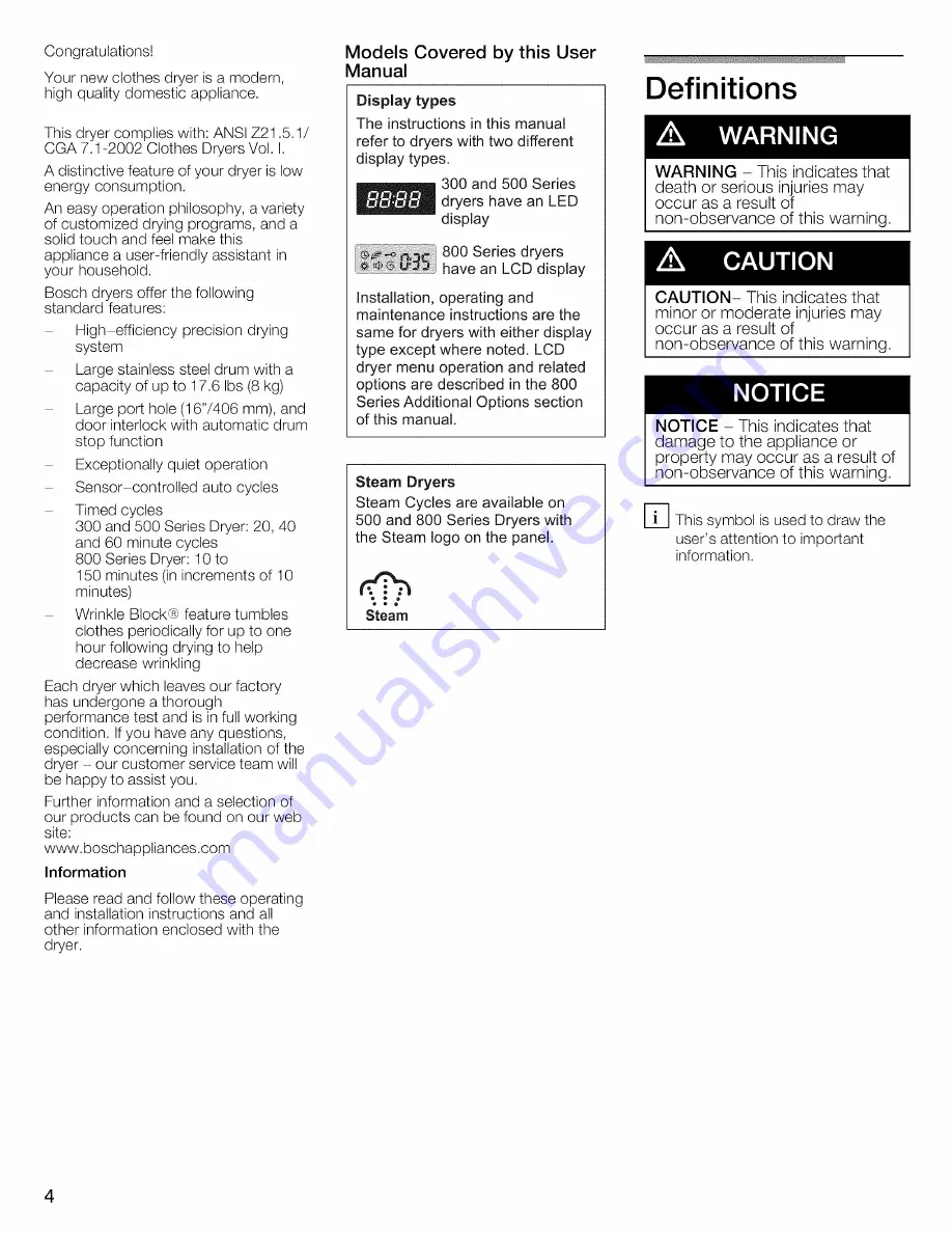 Bosch WTVC8530UC - Vision 800 Series Gas Dryer Operating And Installation Instructions Download Page 4