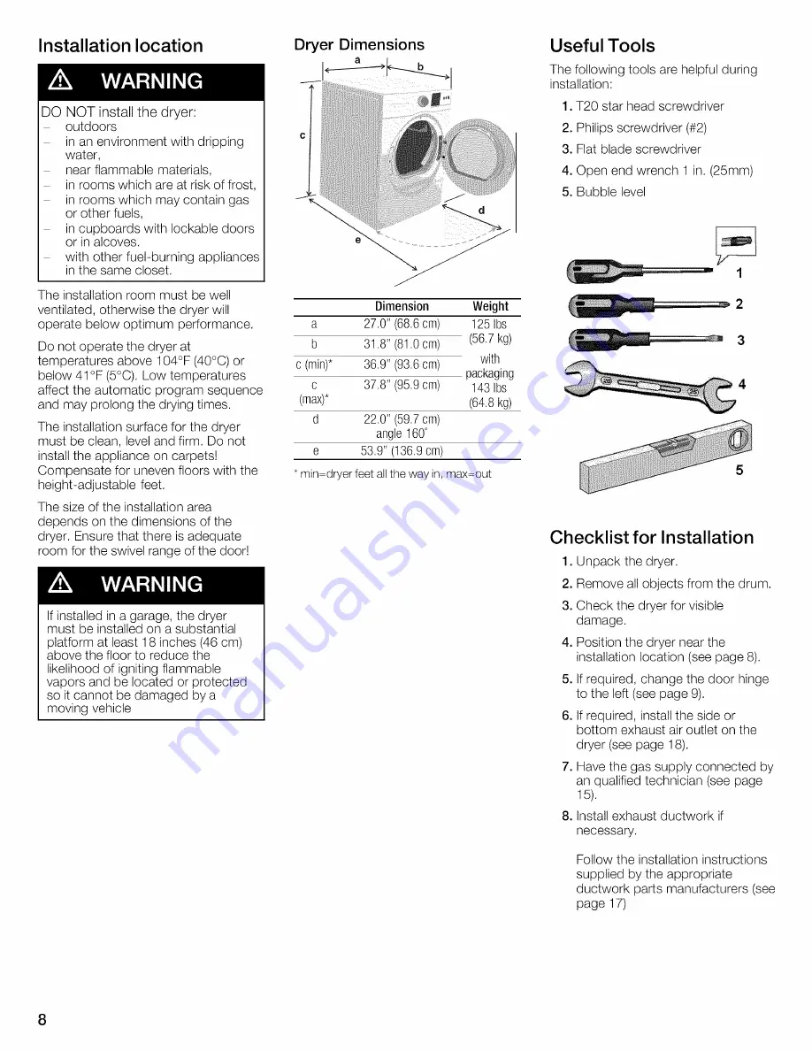 Bosch WTVC8530UC - Vision 800 Series Gas Dryer Operating And Installation Instructions Download Page 8