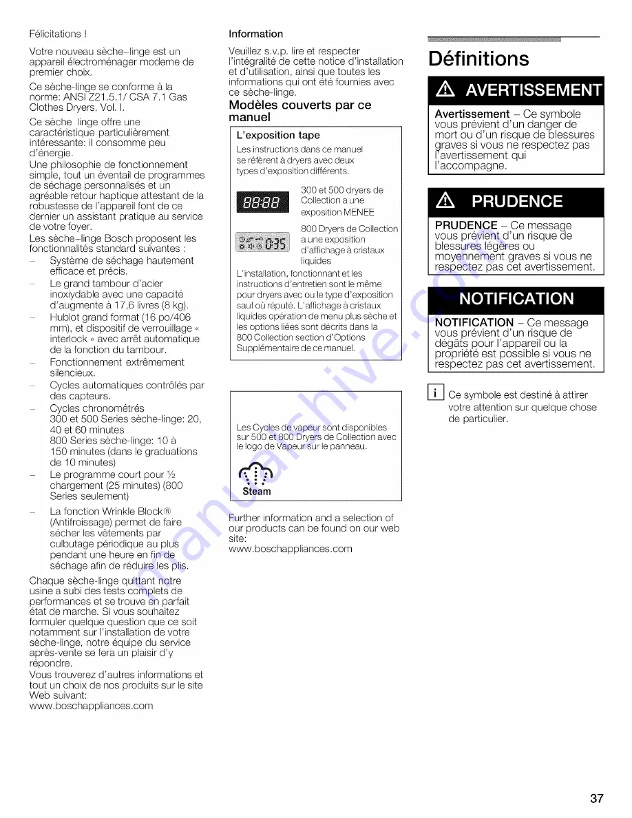 Bosch WTVC8530UC - Vision 800 Series Gas Dryer Operating And Installation Instructions Download Page 37