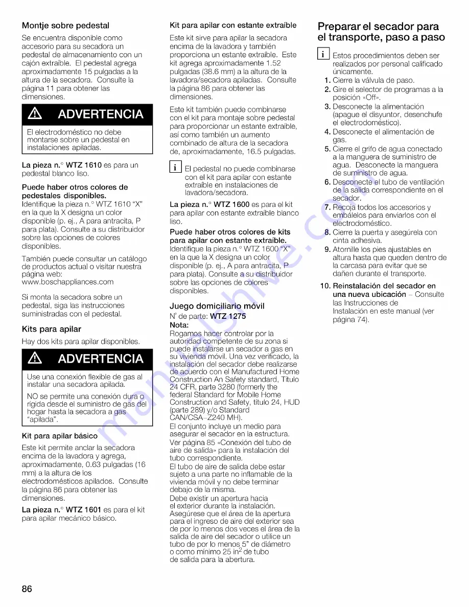 Bosch WTVC8530UC - Vision 800 Series Gas Dryer Operating And Installation Instructions Download Page 86