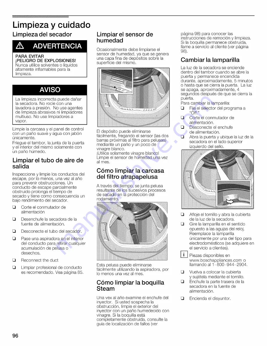 Bosch WTVC8530UC - Vision 800 Series Gas Dryer Operating And Installation Instructions Download Page 96