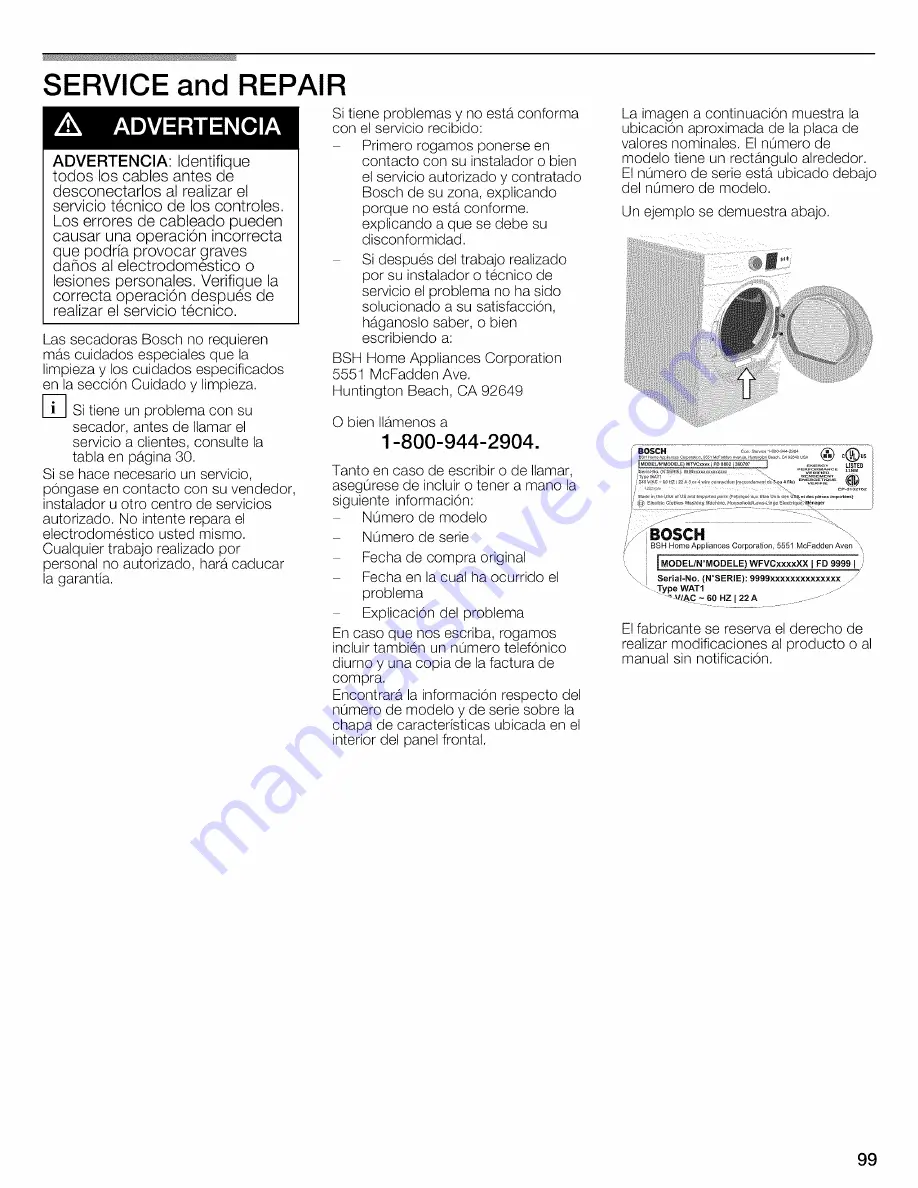 Bosch WTVC8530UC - Vision 800 Series Gas Dryer Operating And Installation Instructions Download Page 99