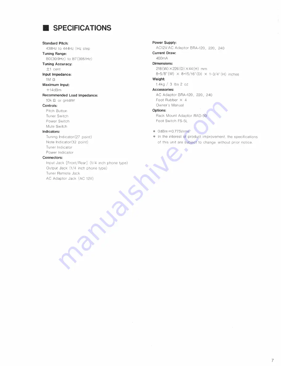 Boss TU-50 chromatic tuner Owner'S Manual Download Page 7