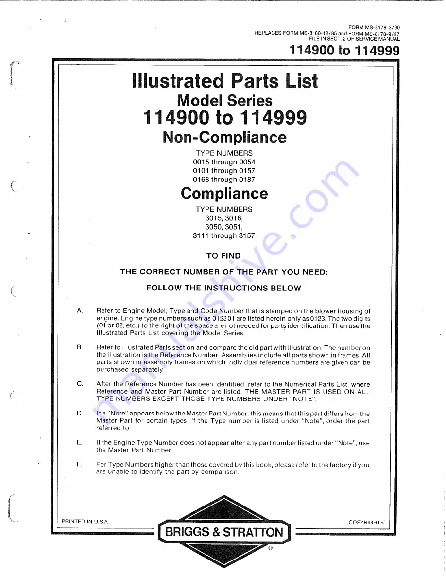 Briggs & Stratton 114900 Series Illustrate Parts List Download Page 1