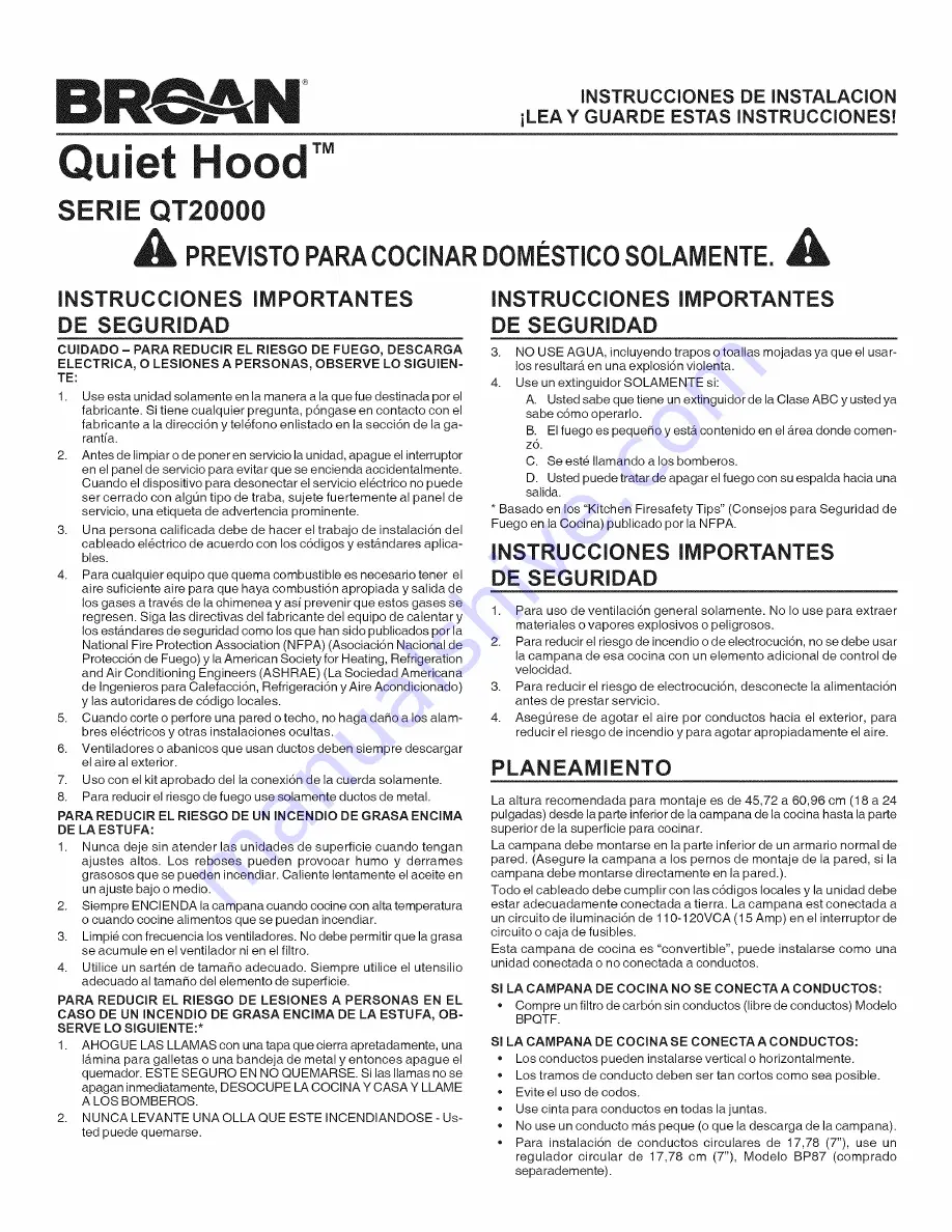 Broan Quiet Hood QT20000 SERIES Installation Instructions Manual Download Page 7