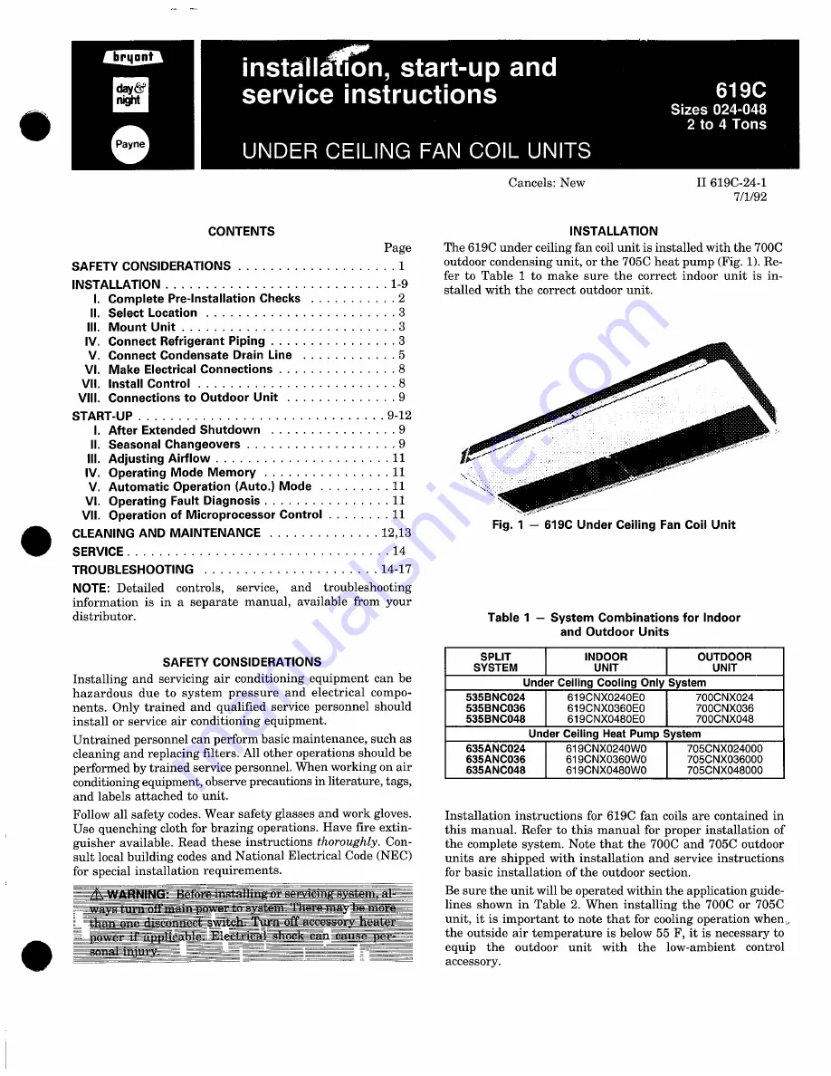 Bryant PAYNE 619C Installation & Service Instructions Manual Download Page 1