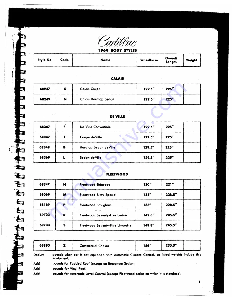 Cadillac Calais 1969 Data Book Download Page 149