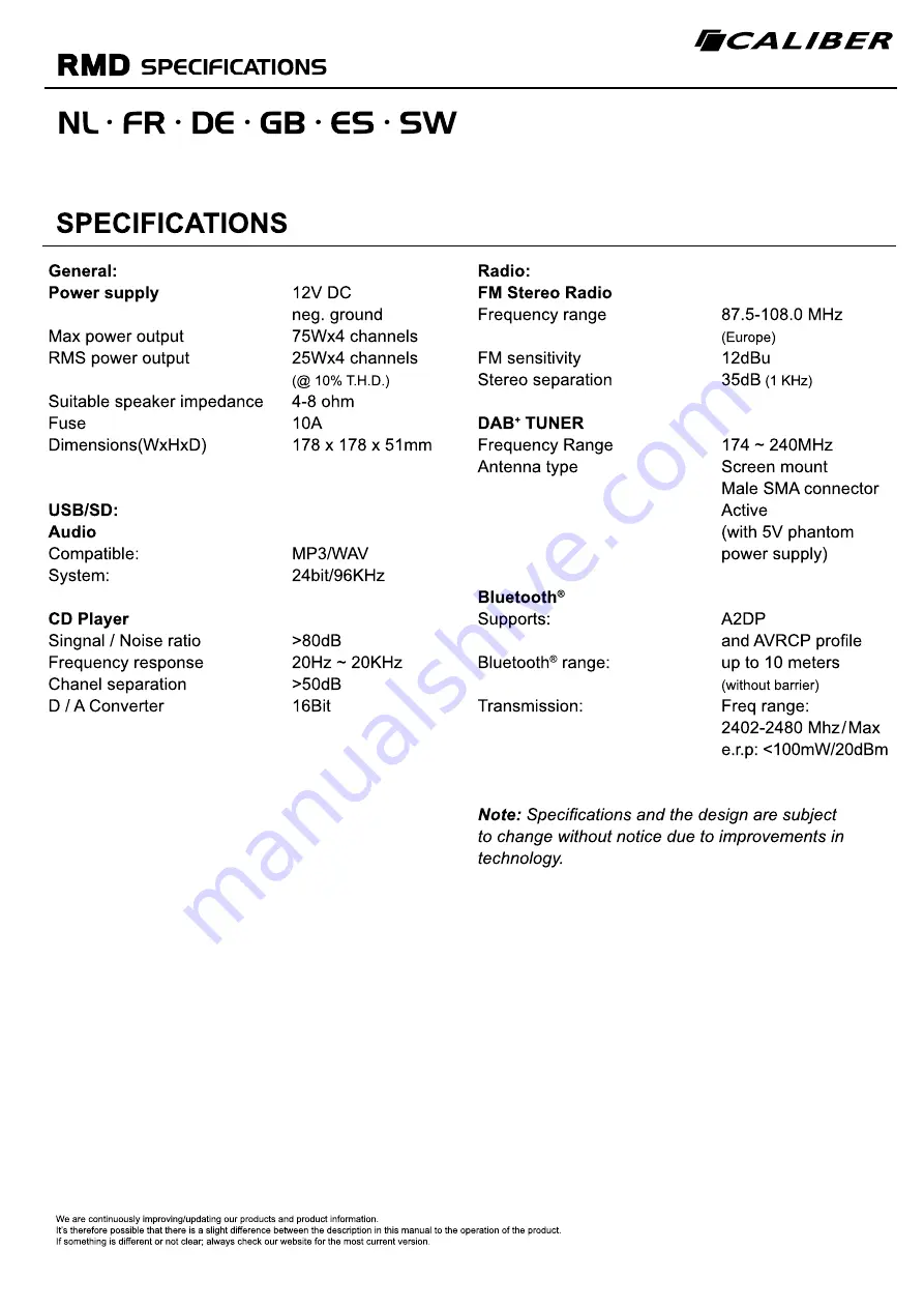 Caliber RCD 237DAB-BT Quick Start Manual Download Page 3