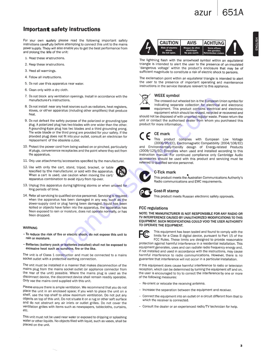 Cambridge Audio AZUR 651A Скачать руководство пользователя страница 3