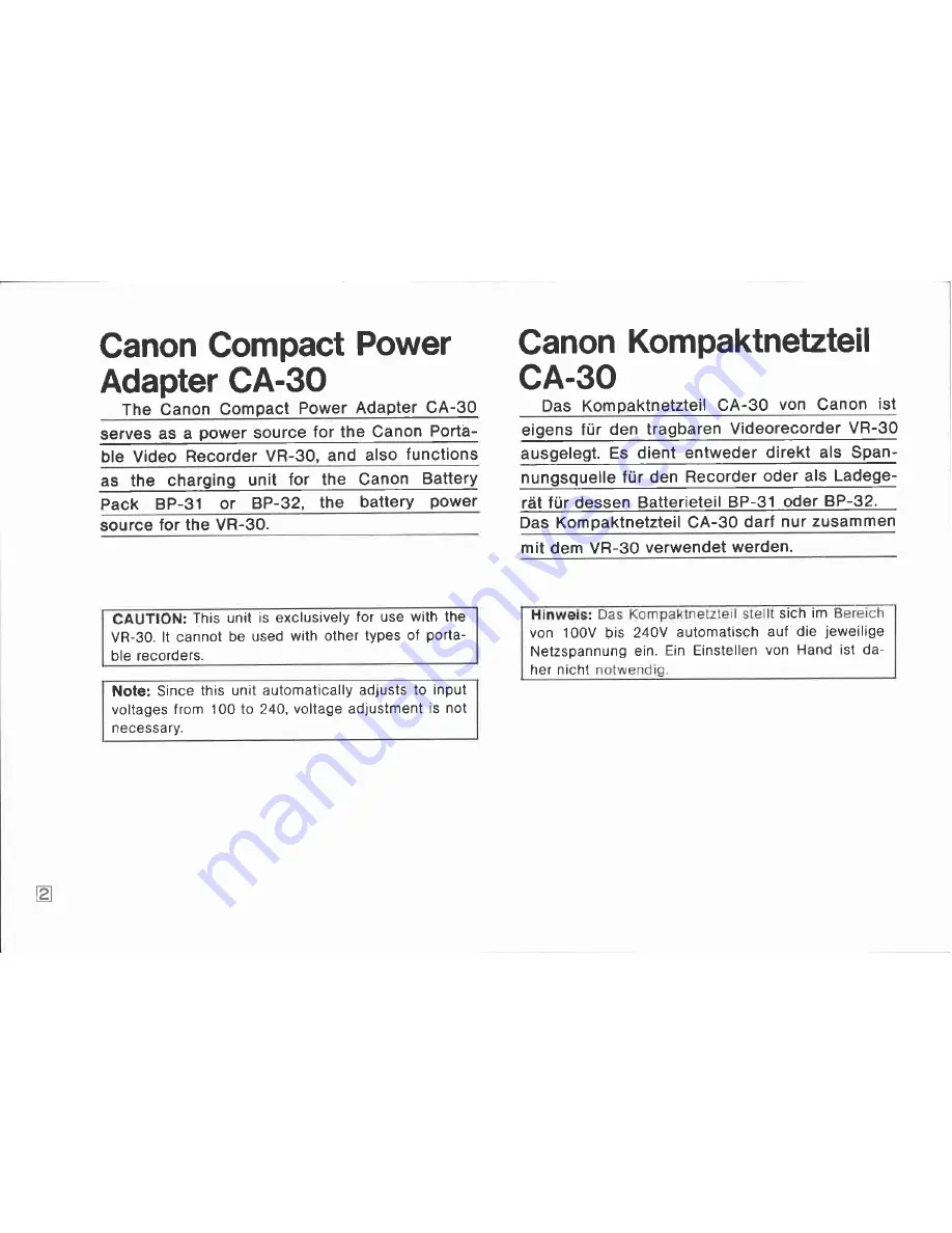 Canon CA-30 Instructions Manual Download Page 2