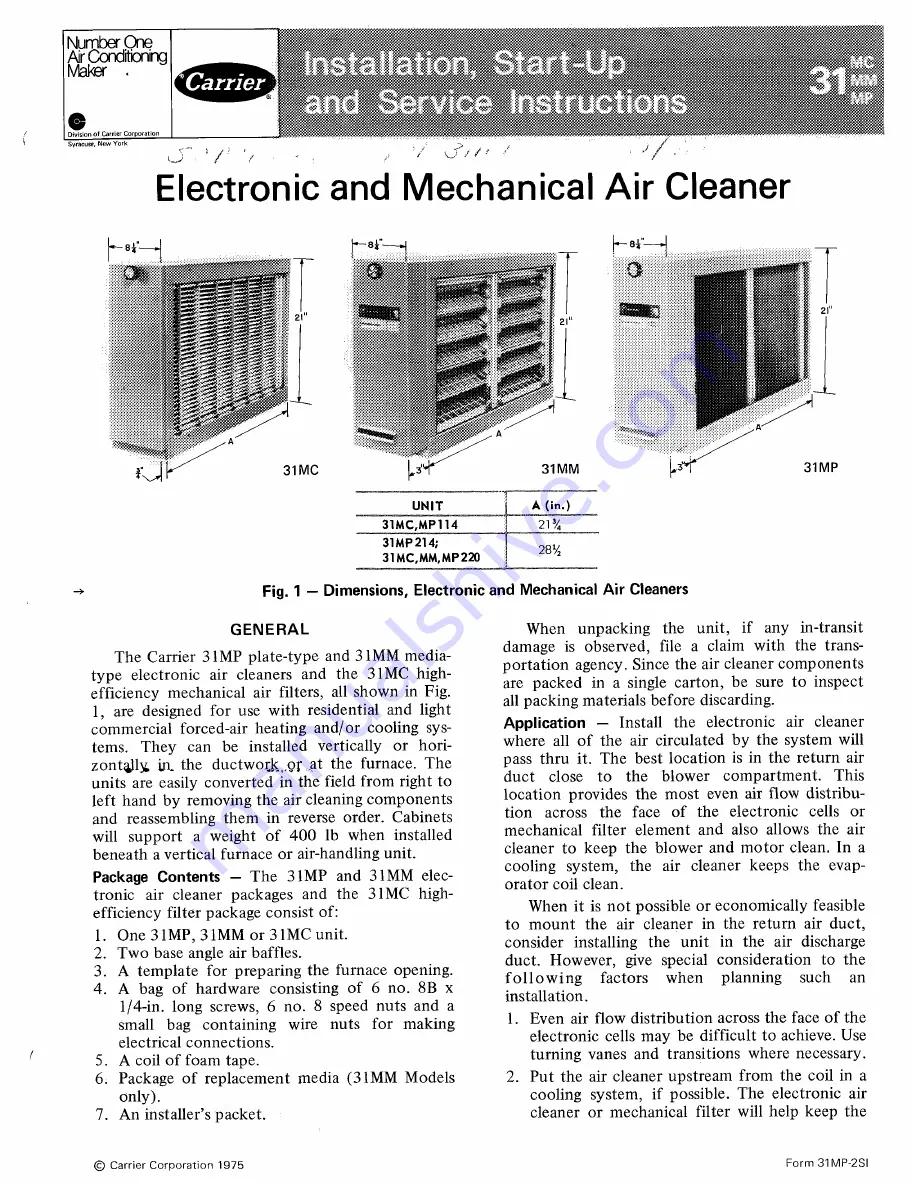 Carrier 31MC Installation, Start-Up And Service Instructions Manual Download Page 1