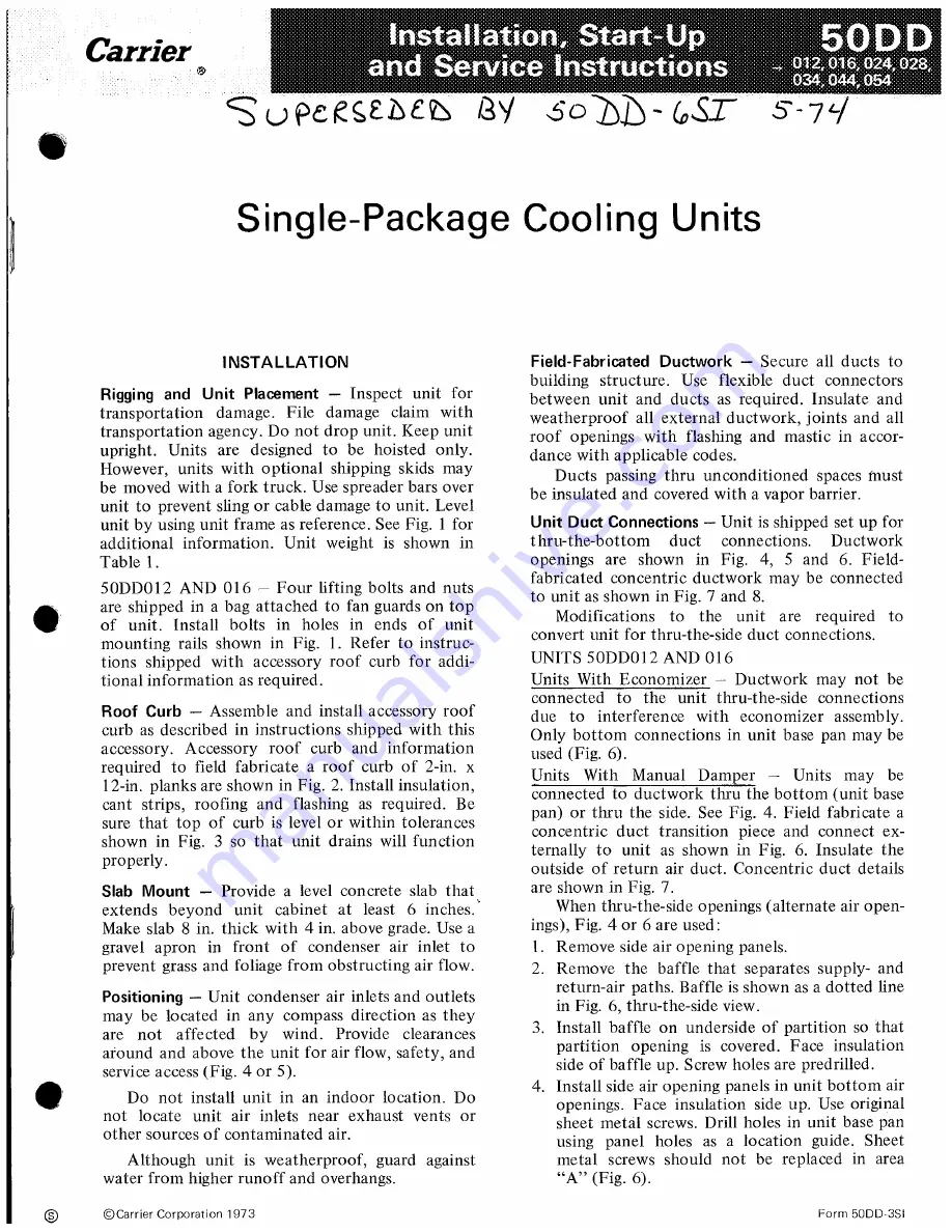 Carrier 50DD012 Installation, Start-Up And Service Instructions Manual Download Page 1