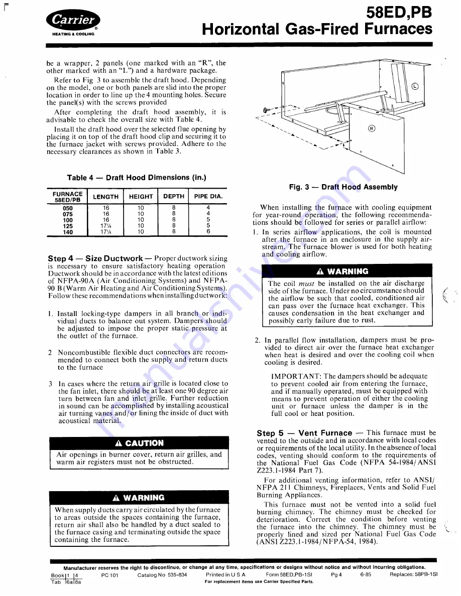 Carrier 58ED Installation, Start-Up And Service Instructions Manual Download Page 4