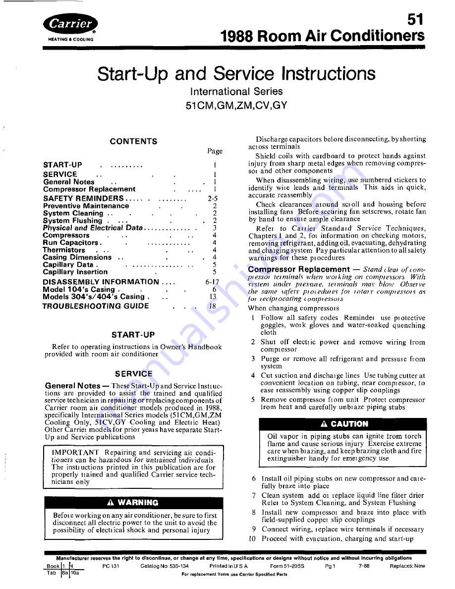 Carrier ZM Start-Up And Service Instructions Download Page 1