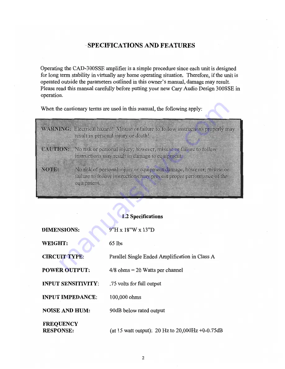 Cary Audio Design CAD-300SSE Operating Manual Download Page 2