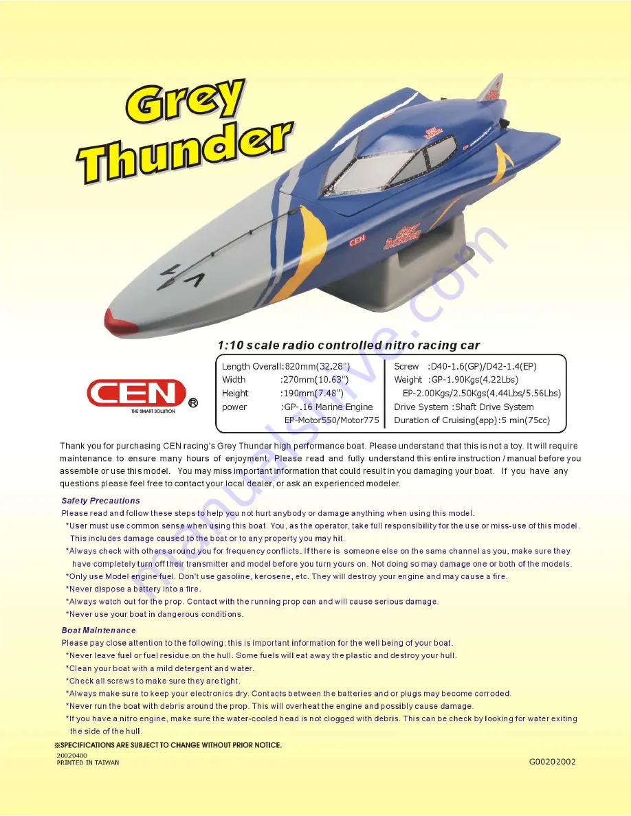 Cen Grey thunder Assembly Instructions Manual Download Page 1