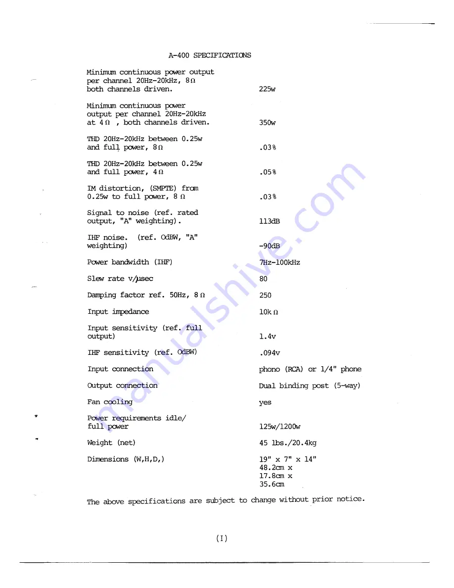 Cerwin-Vega A-400 Service Manual Download Page 3