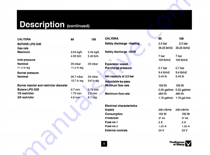 Chaffoteaux & Maury Calydra 100 Installation And Operation Instruction Manual Download Page 9