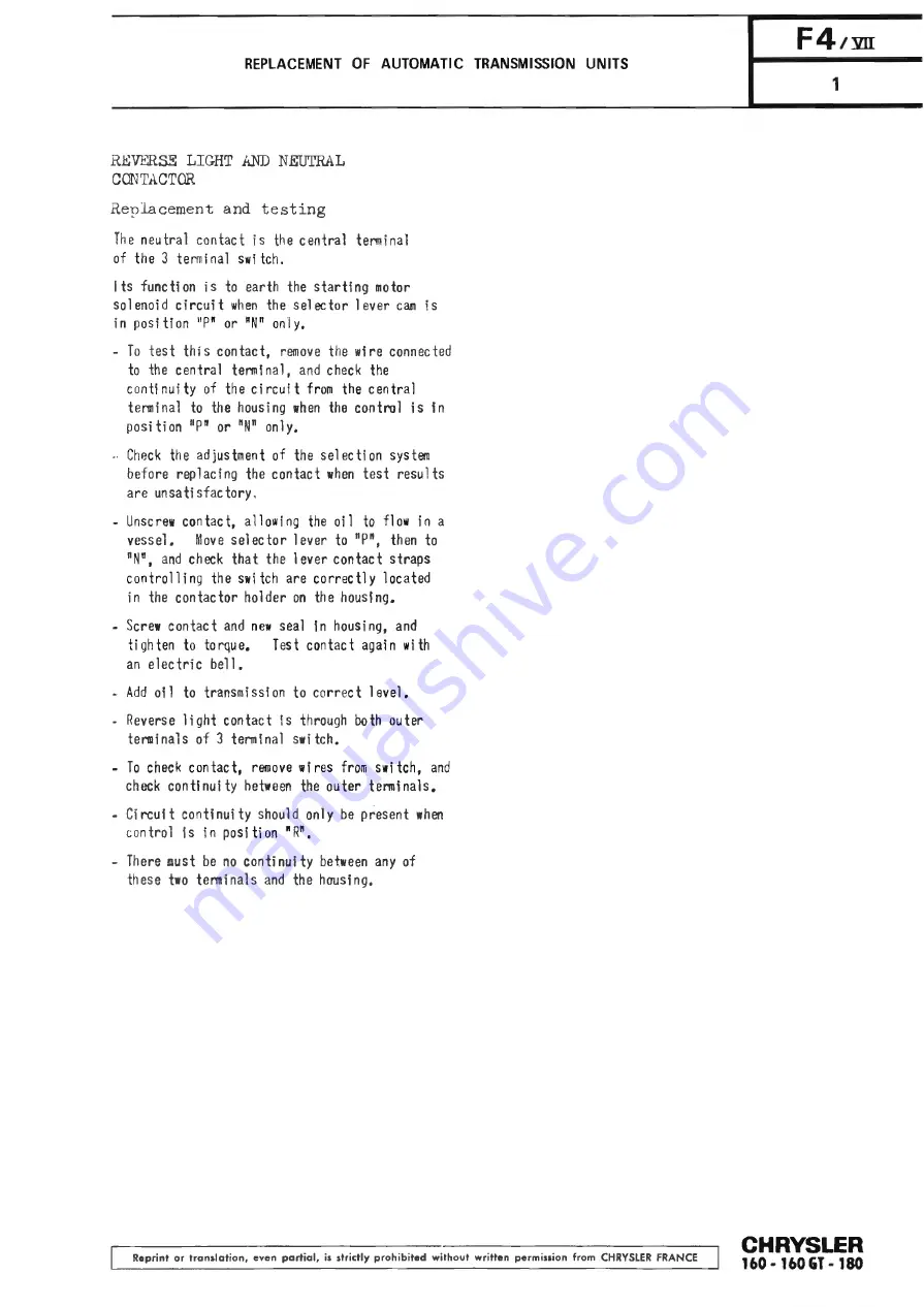 Chrysler 160 Workshop Manual Download Page 191