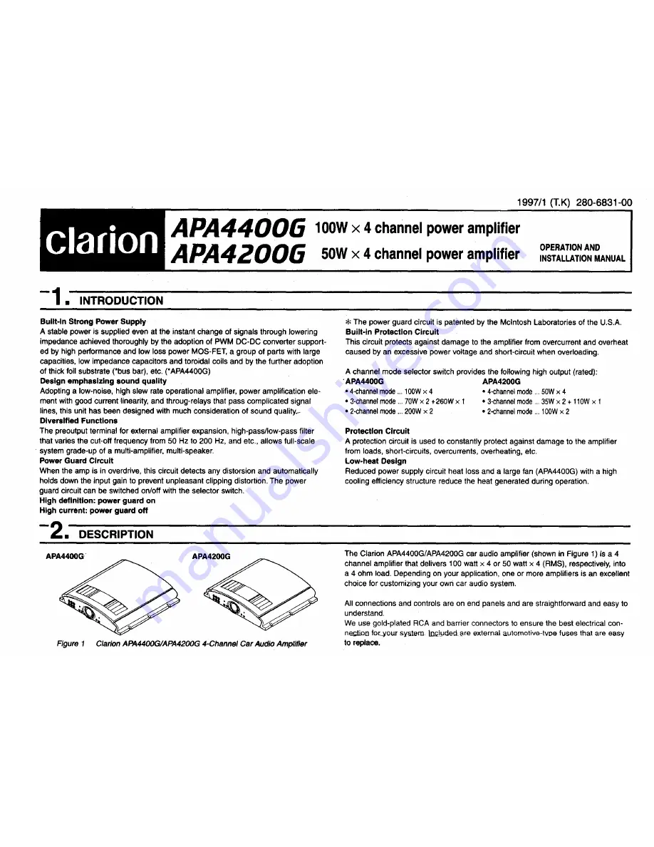 Clarion APA4200G Operation And Installation Manual Download Page 1