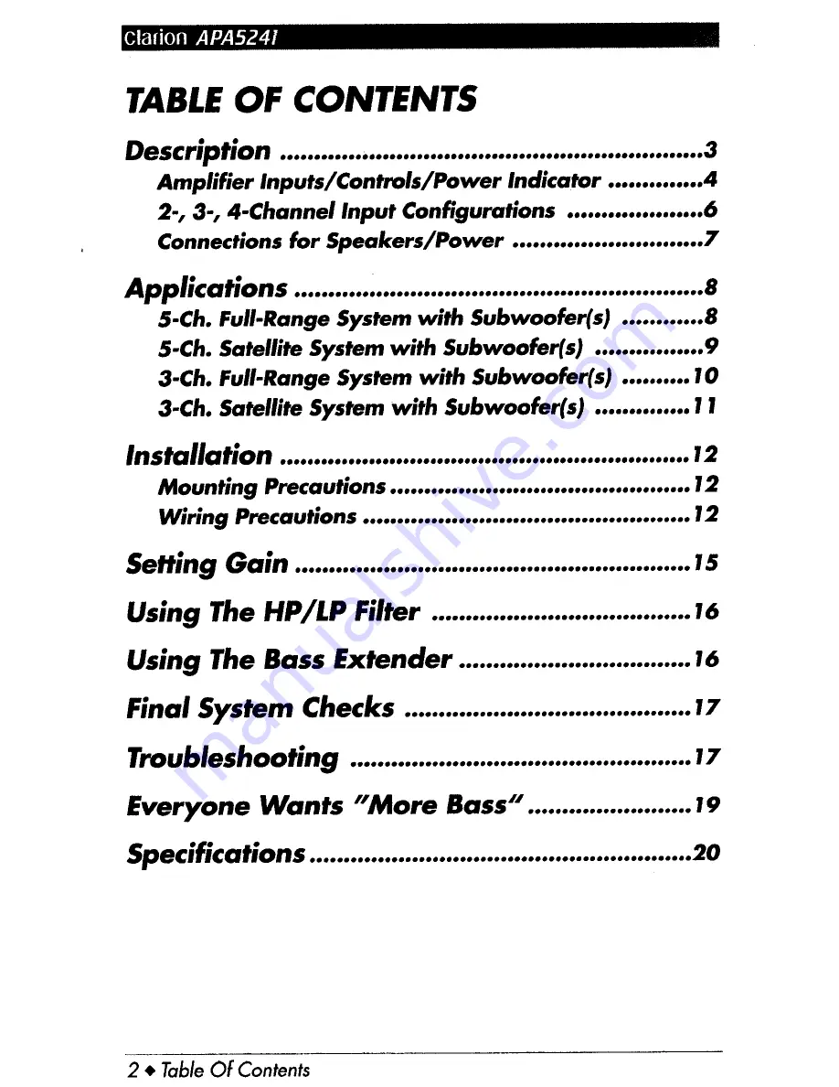 Clarion APA5241 Operation and Operation And Installation Manual Download Page 3