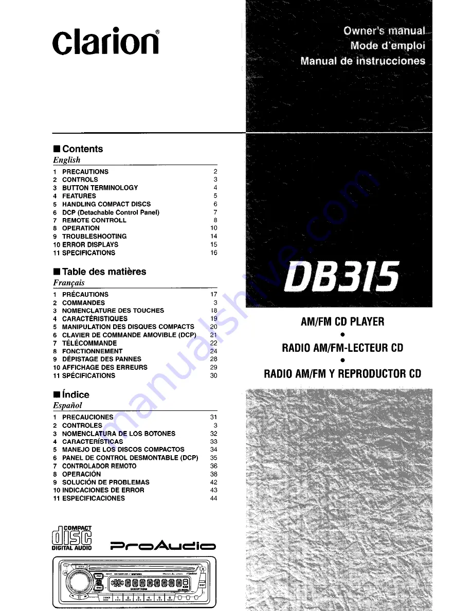 Clarion DB315 Owner'S Manual Download Page 1