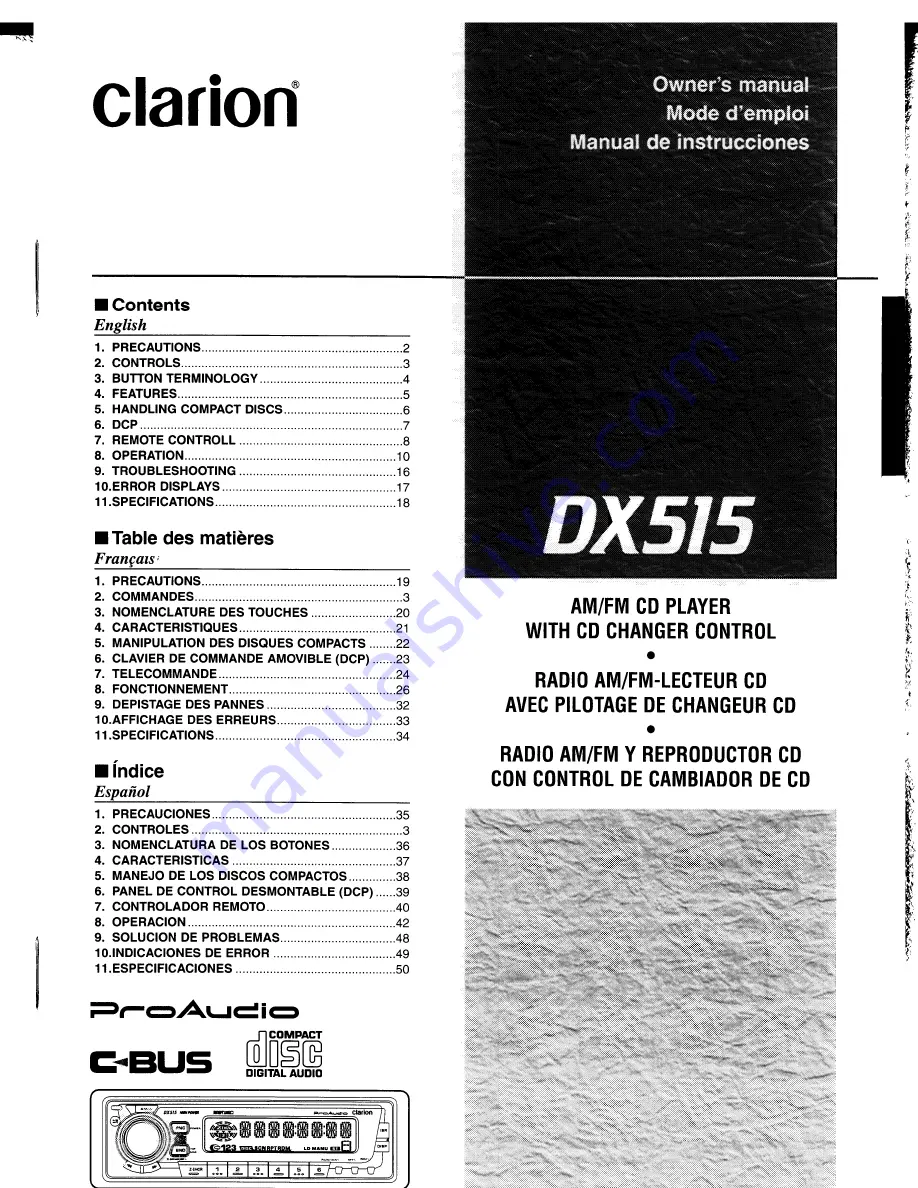 Clarion DX515 Owner'S Manual Download Page 1