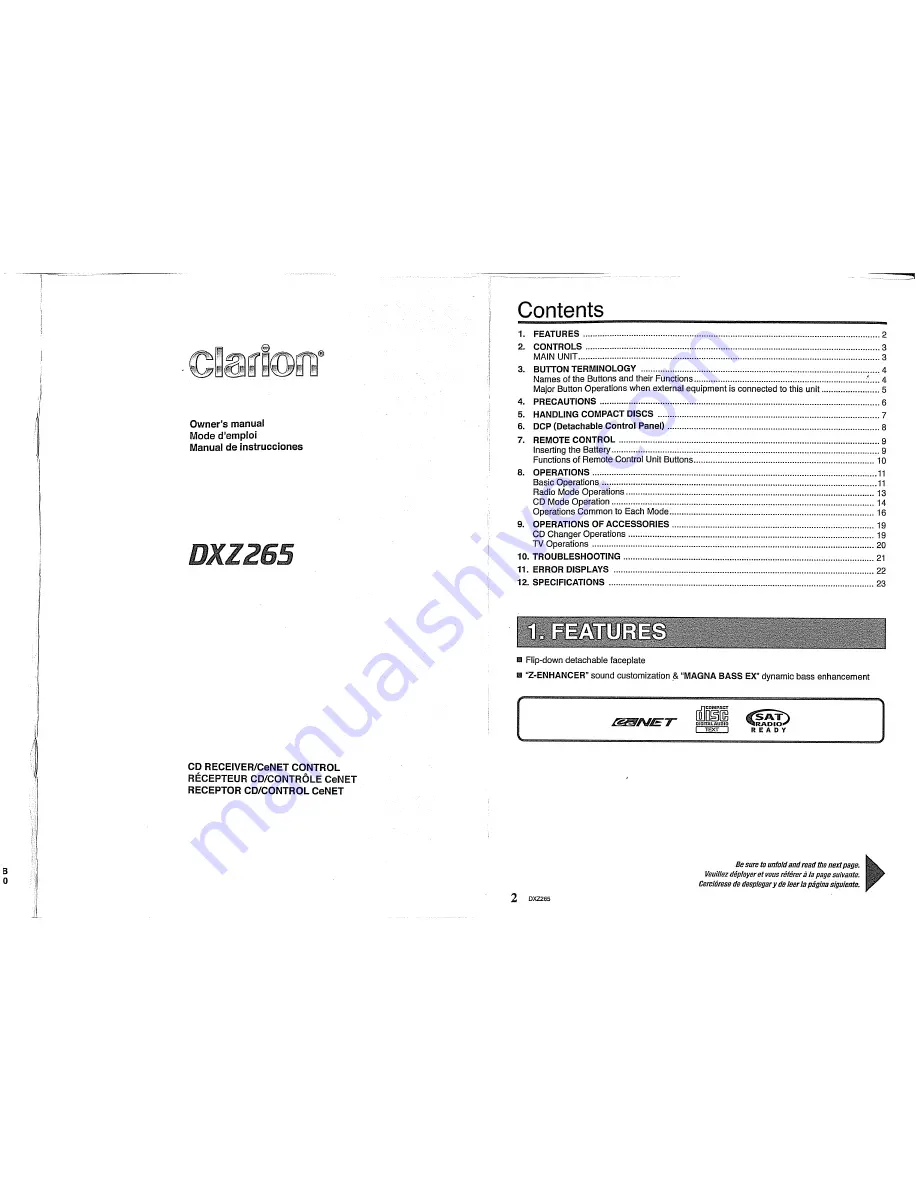 Clarion DXZ265 Owner'S Manual Download Page 1