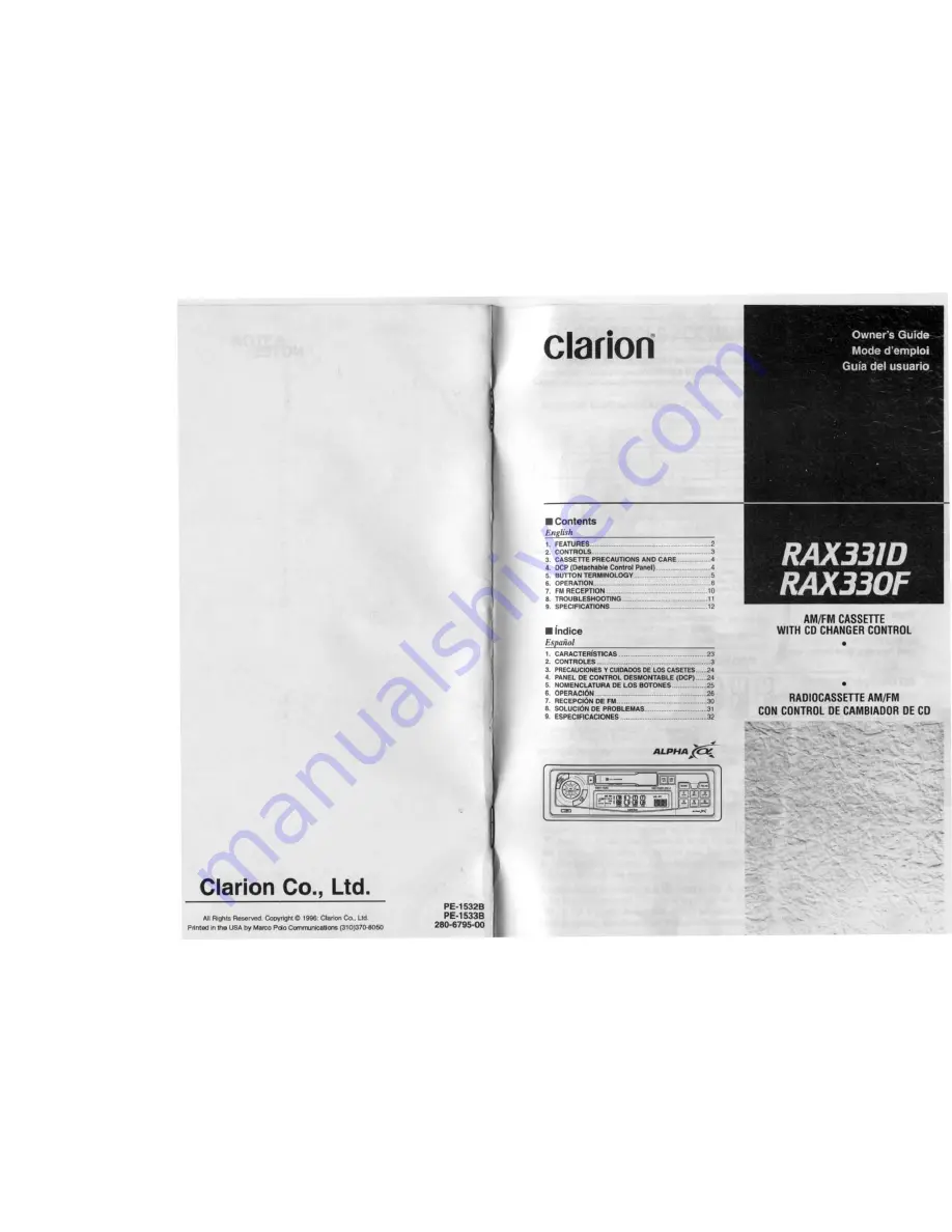 Clarion RAX330F Owner'S Manual Download Page 1