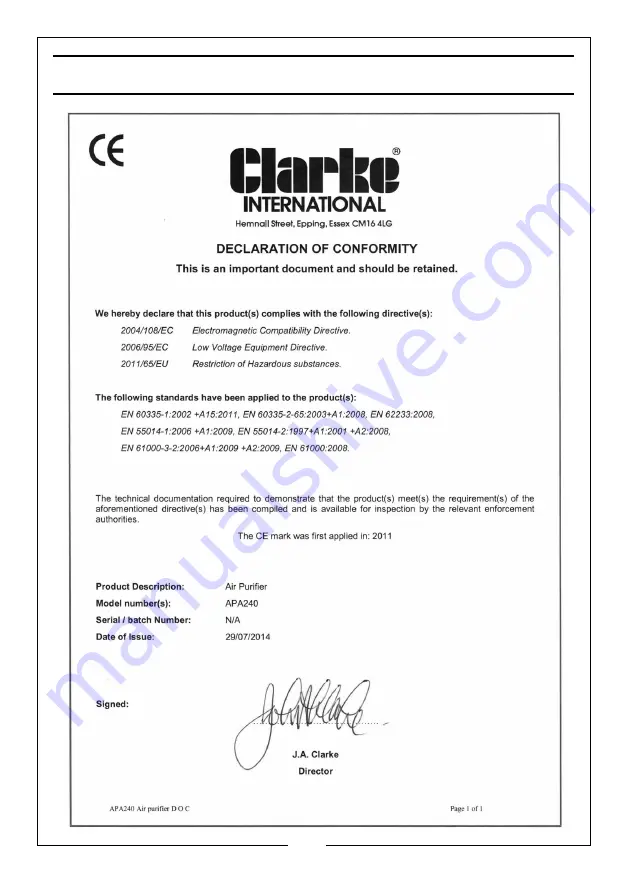 Clarke APA240 Operation & Maintenance Instructions Manual Download Page 23