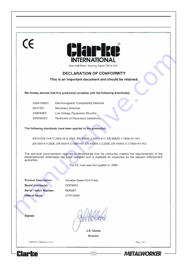 Clarke Metalworker CDP350V Operating & Maintenance Instructions Download Page 34