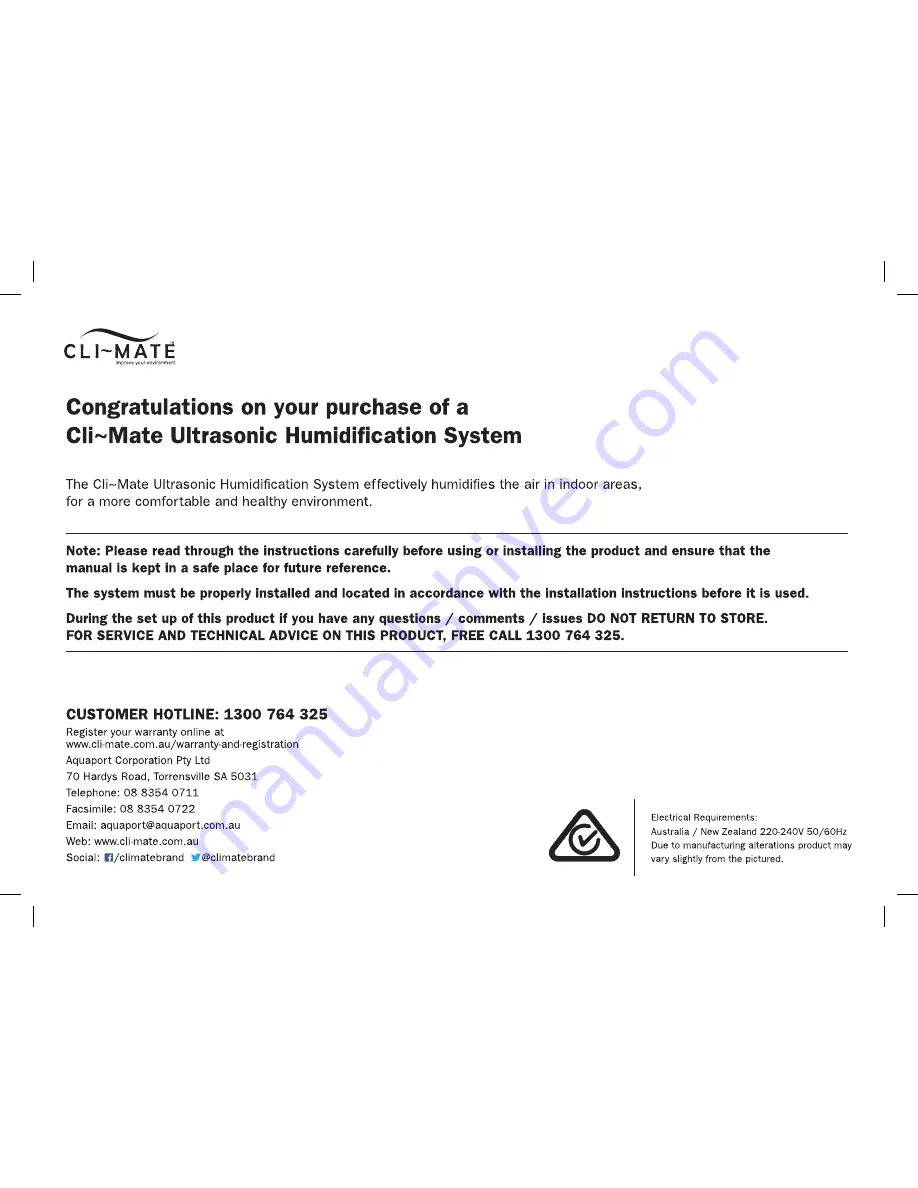 Cli-mate CLI-AH300 Installation & Operating Instructions Manual Download Page 2