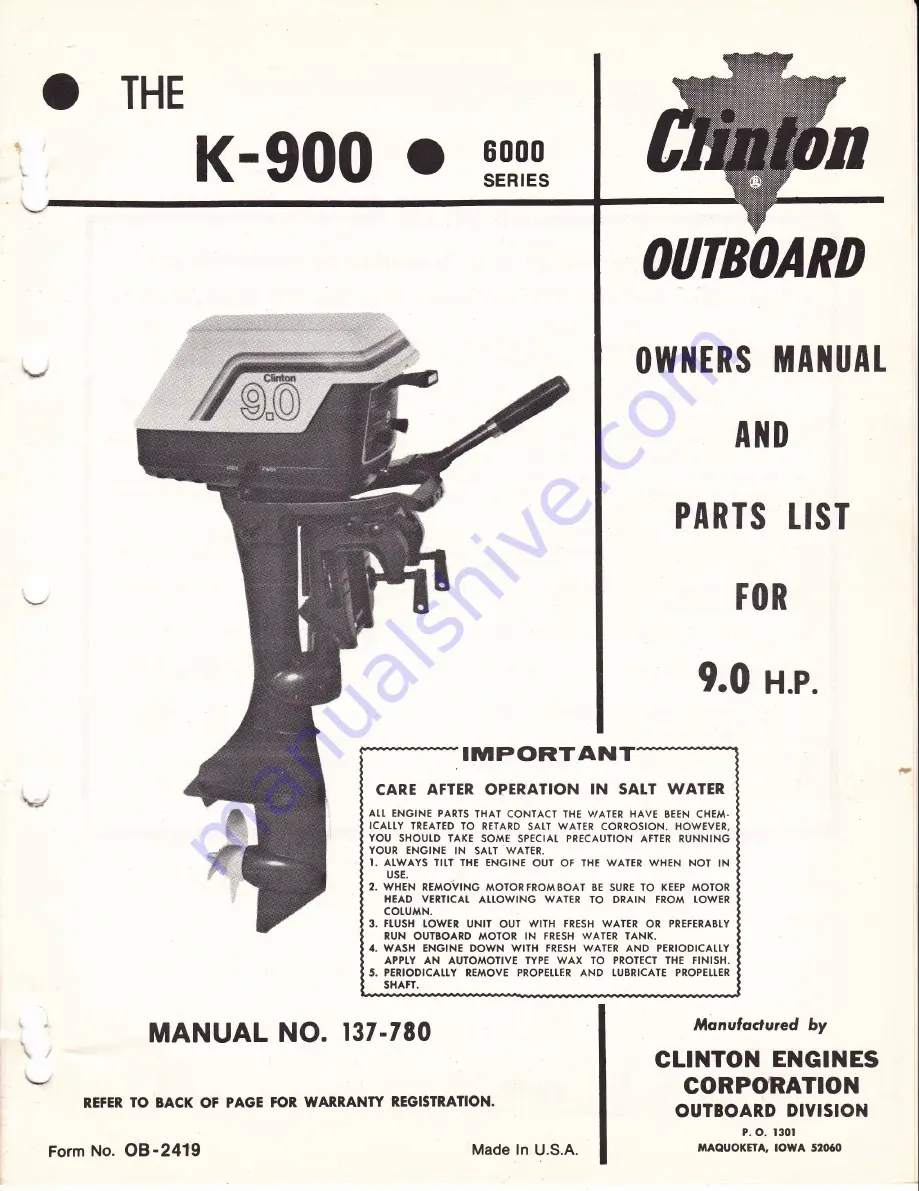 Clinton 6000 Series Owner'S Manual And Parts List Download Page 1