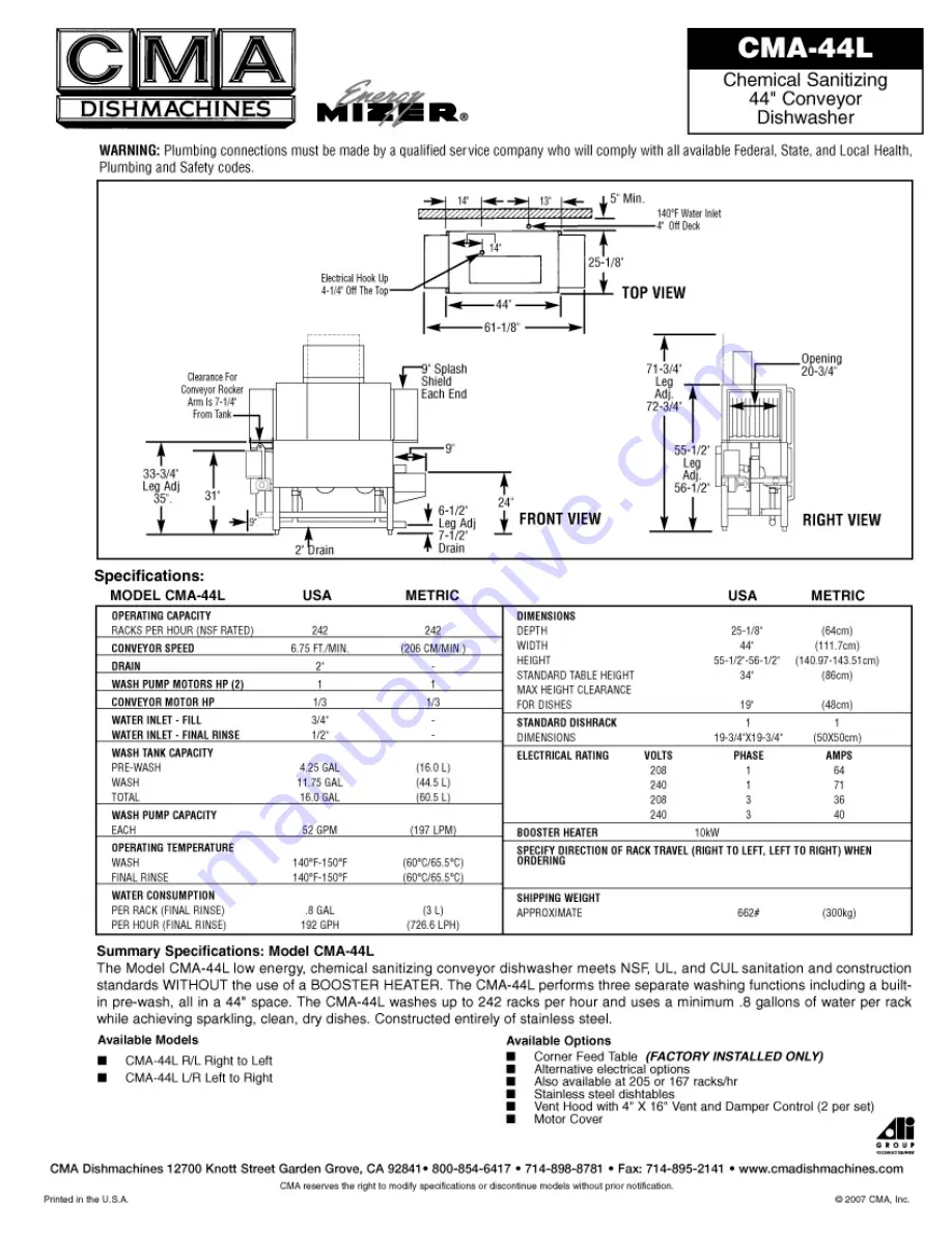 CMA Dishmachines CMA-44L Specifications Download Page 2