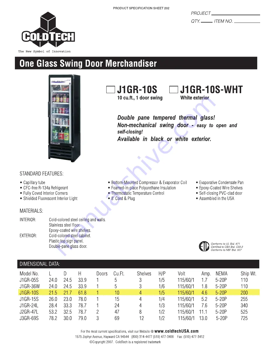 ColdTech J1GR-10S Specifications Download Page 1