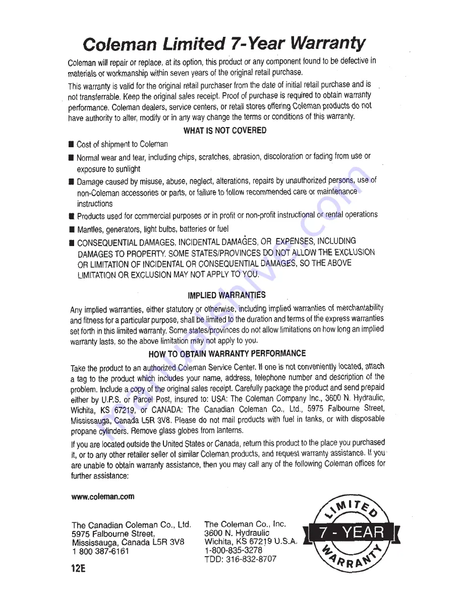 Coleman 5066 Assembly And Instruction Manual Download Page 12