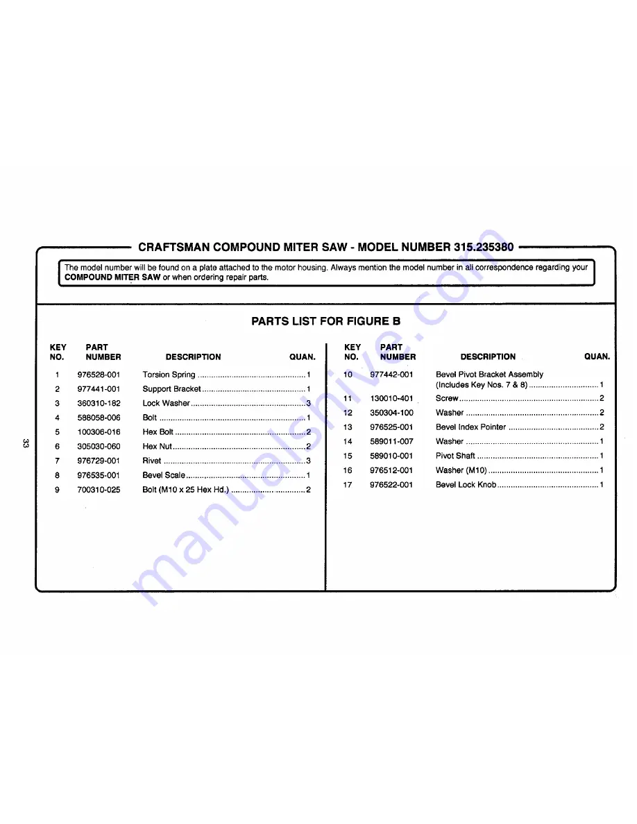 Craftsman 10 IN. COMPOUND MITER SAW 315.23538 Owner'S Manual Download Page 33