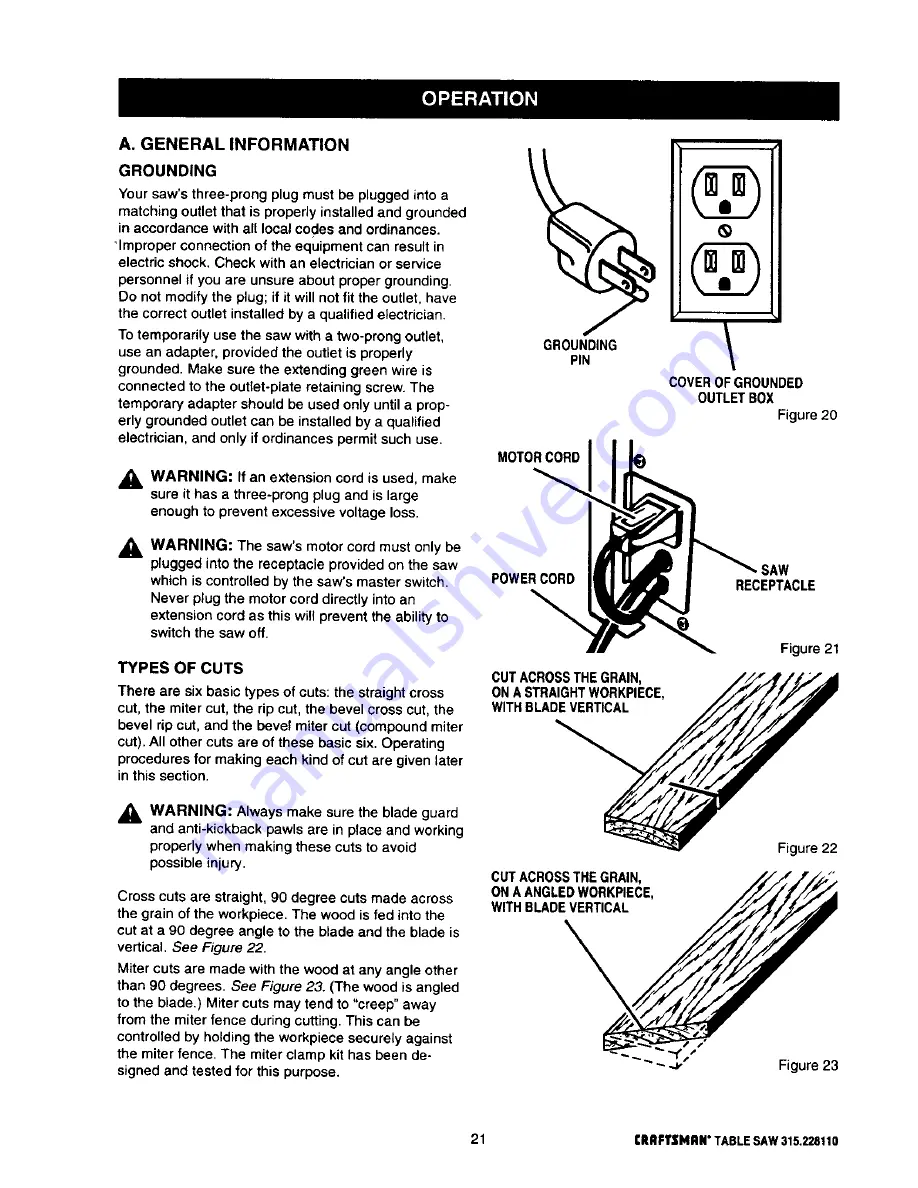 Craftsman 10 IN. TABLE SAW 315.22811 Owner'S Manual Download Page 21