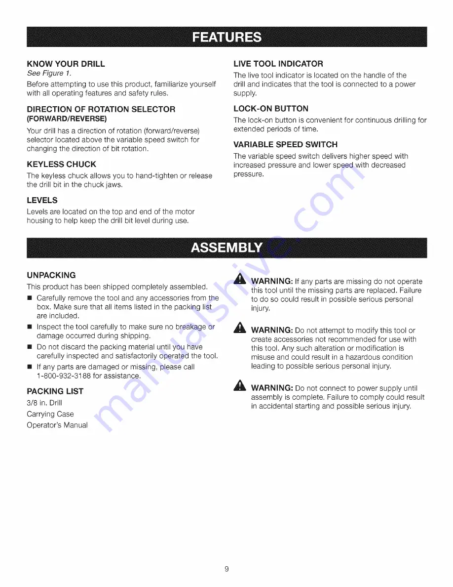 Craftsman 10107 - 3/8 in. Corded Drill Operator'S Manual Download Page 9