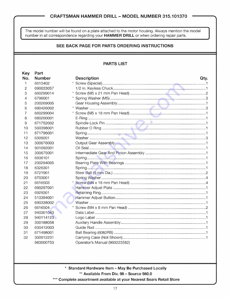 Craftsman 10137 - 1/2 in. Corded Hammer Drill Operator'S Manual Download Page 17