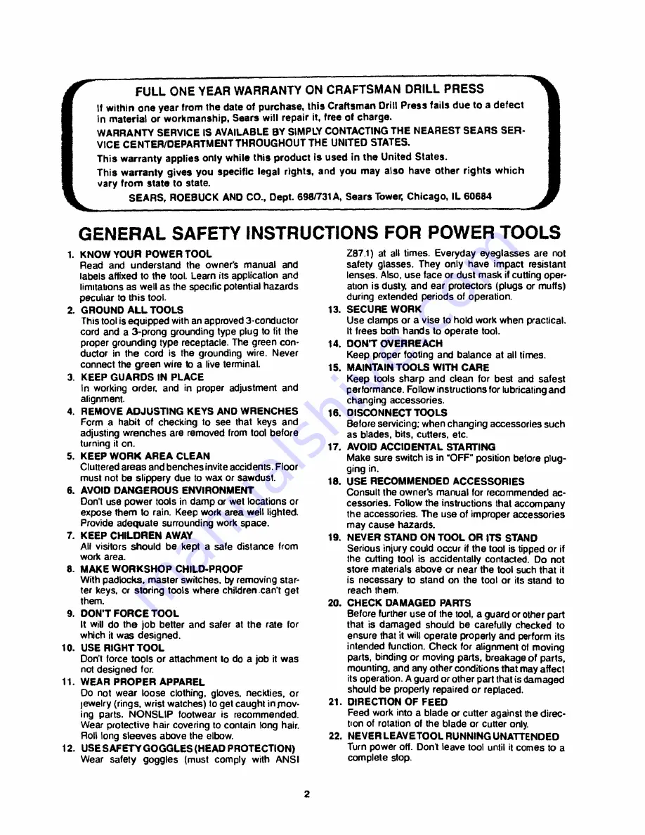 Craftsman 113.213170 Owner'S Manual Download Page 2