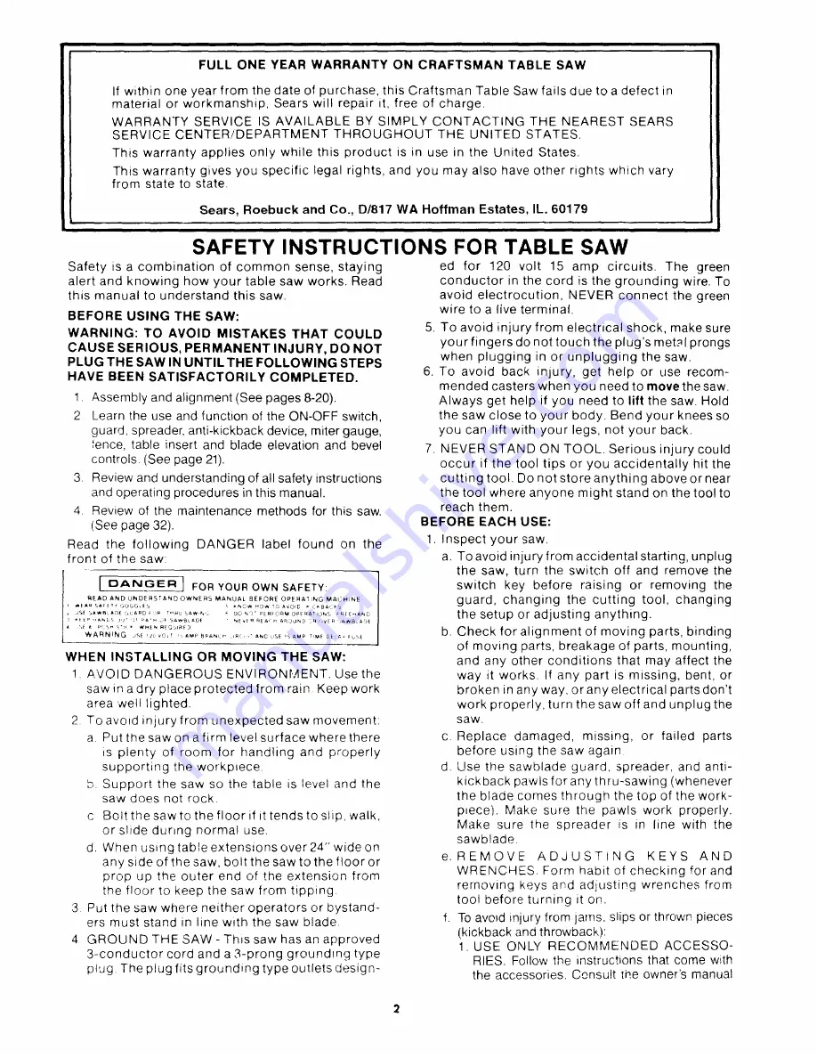 Craftsman 113.221620 Owner'S Manual Download Page 2