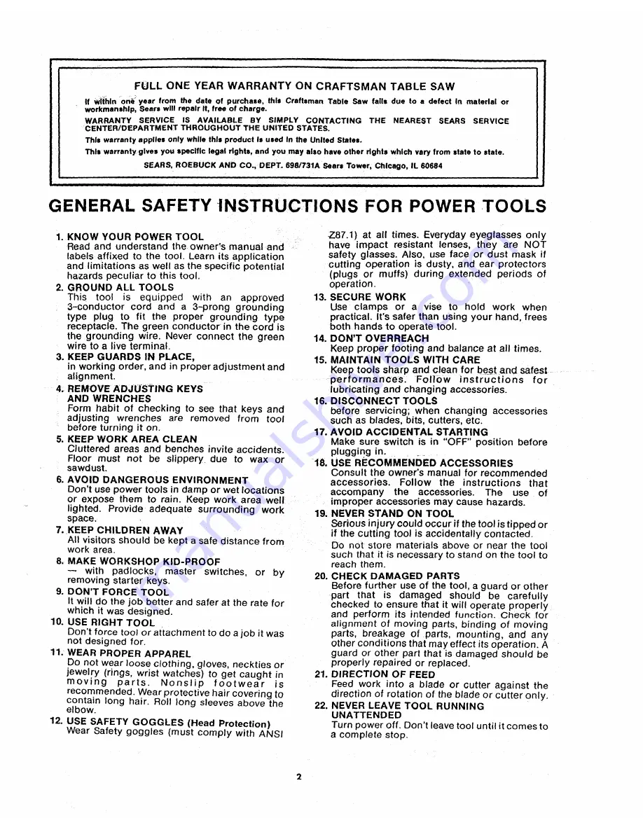 Craftsman 113.290600 Owner'S Manual Download Page 2