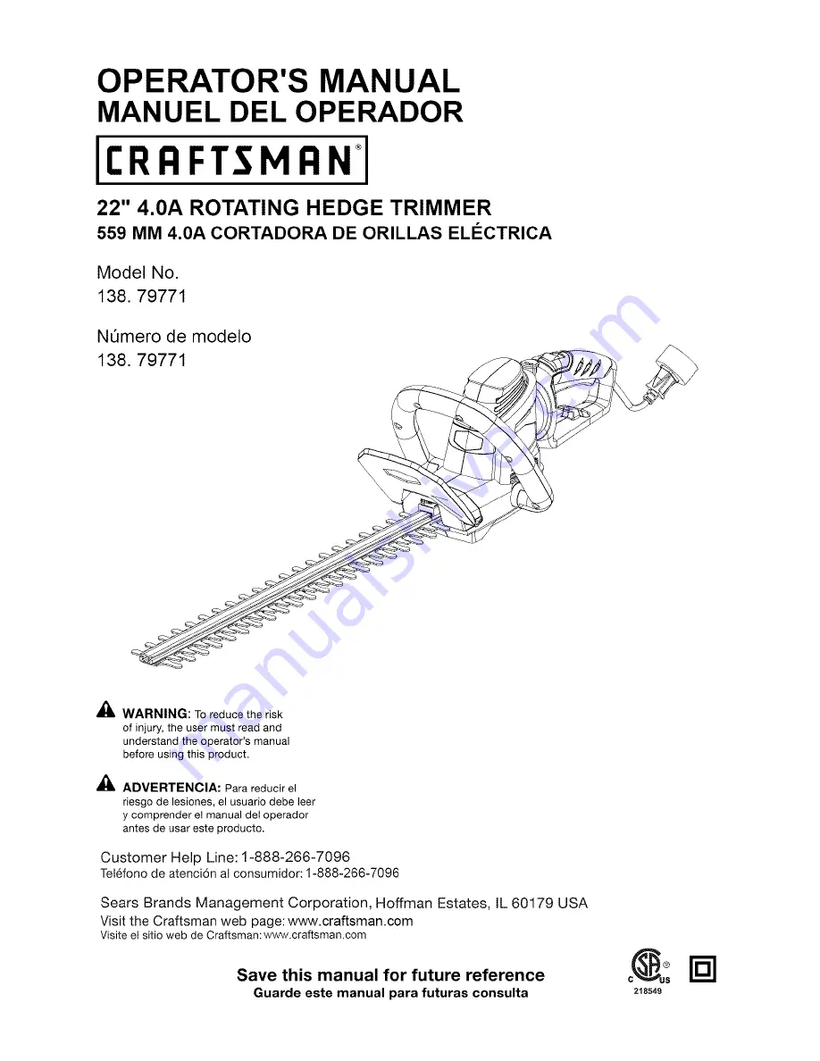 Craftsman 138.79771 Operator'S Manual Download Page 1