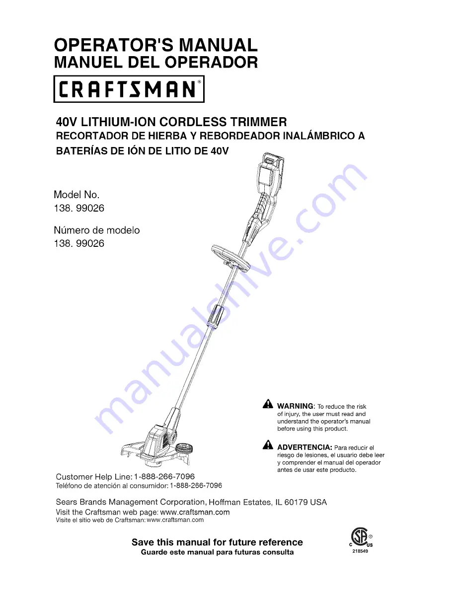 Craftsman 138.99026 Operator'S Manual Download Page 1